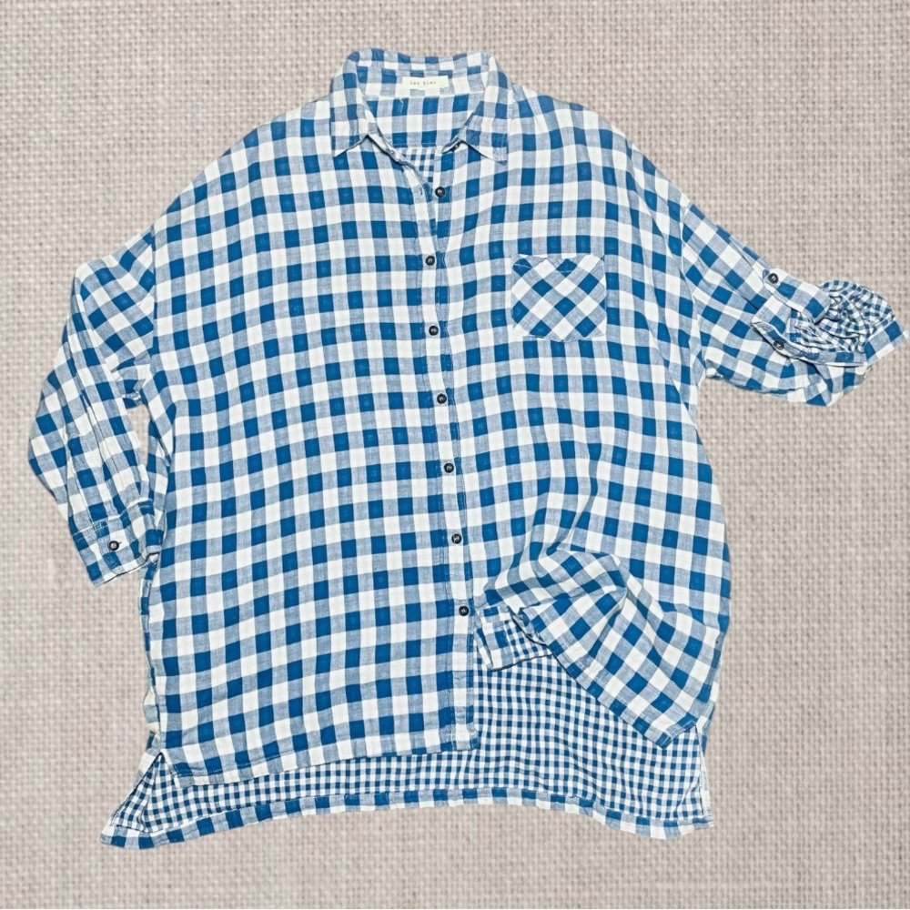 Lac Bleu | Oversized Blue+White Double Cloth Gingham Roll Tab Sleeve Sz Large